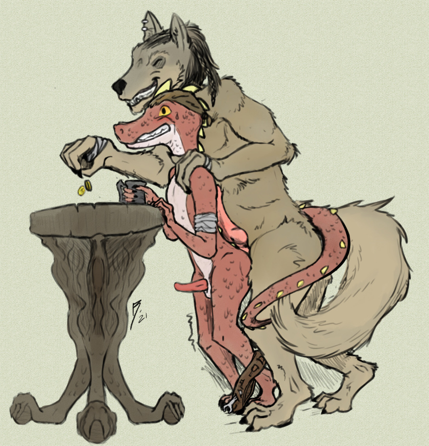 anthro beverage canid canine drakue_(artist) duo fantasy grinding hi_res humanoid knot kobold male male/male mammal public public_nudity red_dragon_inn ripsnarl_(red_dragon_inn) tool_belt under_table were werecanid werecanine werewolf wrench_(red_dragon_inn)