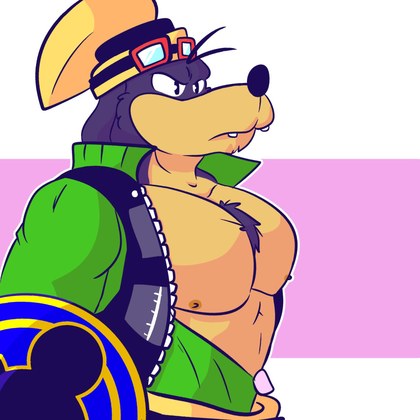 1:1 2021 abs anthro canid canine canis chest_tuft clothed clothing disney domestic_dog eyewear fizzyjay frown goggles goggles_on_headwear goofy_(disney) hat headgear headwear hi_res kingdom_hearts male mammal muscular muscular_anthro muscular_male narrowed_eyes nipples open_clothing open_shirt open_topwear pecs shield shirt simple_background solo square_enix topwear tuft unzipped video_games