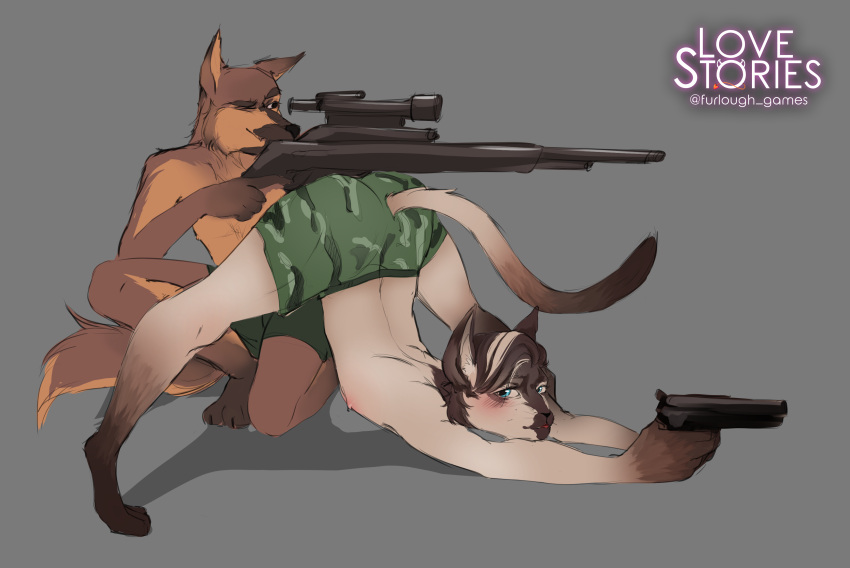 absurd_res anthro canid canine canis clothing domestic_cat domestic_dog duo felid feline felis furlough_games german_shepherd herding_dog hi_res jack-o'_pose male male/male mammal pastoral_dog pose sashkahurma siamese tactical_gear underwear weapon