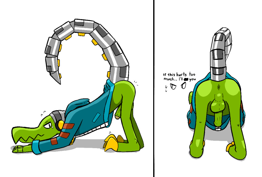 all_fours anthro anus balls blue_clothing bottomless butt clothed clothing crocodile crocodilian crocodylid cybernetic_limb cybernetic_tail cybernetics cyborg digital_drawing_(artwork) digital_media_(artwork) furmazing genitals green_body hoodie latch lethal_league machine male nervous penis perineum presenting presenting_anus presenting_hindquarters raised_tail rear_view reptile scalie simple_background solo topwear white_background