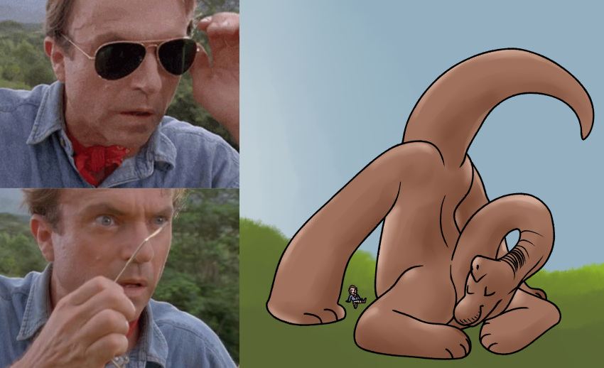 admiring alan_grant_(character) ambiguous_gender anthro arm_support ass_up brachiosaurid brachiosaurus butt crouching dinosaur eyes_closed feral glasses_off grass hi_res human in_awe jack-o'_pose jurassic_park leaning_on_elbow looking_up lying male mammal meme on_back plant pose presenting presenting_hindquarters raised_tail reptile sauropod scalie sillydraco simple_background sky smile universal_studios