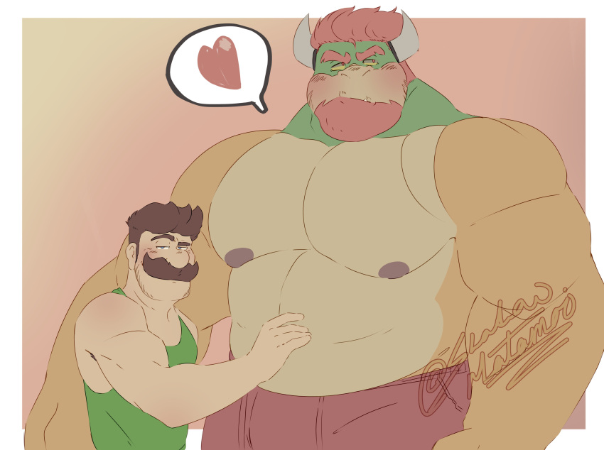 &lt;3 2021 absurd_res anthro beard big_muscles blush border bowser clothed clothing dialogue_box duo eyebrows facial_hair flustered hair hi_res horn human human_on_anthro interspecies koopa looking_at_viewer looking_away luigi male male/male mammal mario_bros musclegut muscular muscular_anthro muscular_human muscular_male mustache narrowed_eyes navel nintendo nipples pecs pink_background romantic romantic_couple scalie shadowmatamori shirt signature simple_background size_difference standing tank_top text topless topless_male topwear underwear url video_games white_border