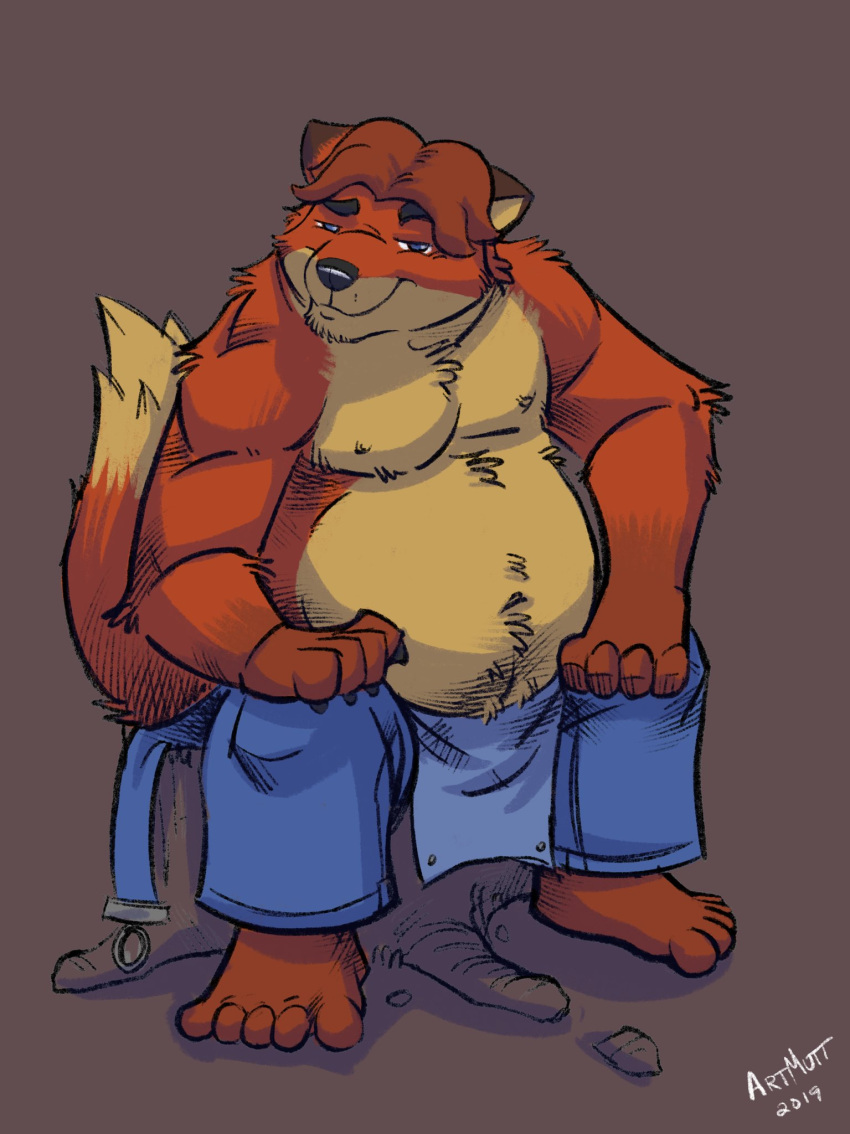 2019 anthro belly canid canine clothing disney fox gideon_grey hi_res k-9 male mammal moobs nipples overalls overweight overweight_male sitting solo zootopia
