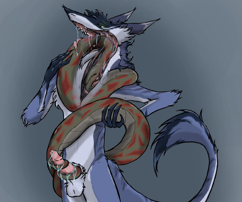 anthro deep_throat duo feral fernandgvinn genitals hi_res internal male male/male masturbation mouth_shot open_mouth oral oral_penetration oral_vore penetration penis reptile same_size_vore scalie sergal serpentus_(character) sex snake tongue vore x-ray