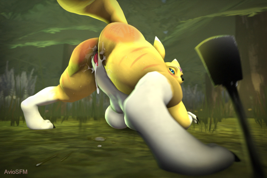 3:2 3d_(artwork) anthro ass_up aviosfm bandai_namco blush bodily_fluids bodily_fluids_in_ass bodily_fluids_in_pussy breasts butt digimon digimon_(species) digital_media_(artwork) digitigrade female forest genital_fluids hi_res jack-o'_pose markings messy nude outside plant pose pussy_juice solo source_filmmaker spank_marks spanked_butt spanking spread_legs spreading taomon tree yellow_body yellow_butt