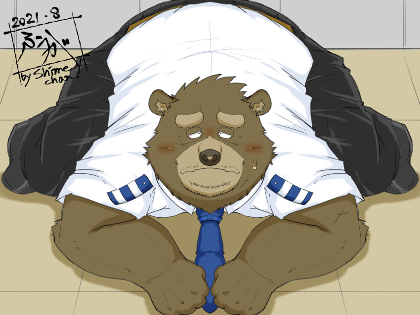 2021 4:3 anthro blush bottomwear brown_body brown_fur brown_nose butt clothing fur hi_res humanoid_hands jack-o'_pose kemono male mammal necktie overweight overweight_male pants pose sad shirt solo tanutronik753_k topwear ursid