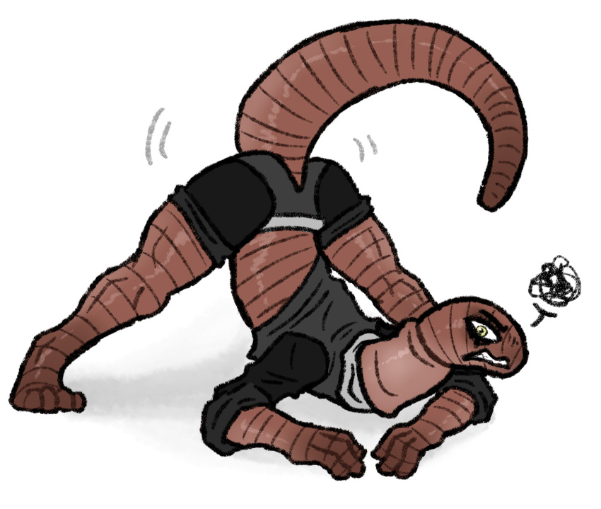 angry annelid anthro bent_over clenched_teeth clothed clothing earthworm hi_res jack-o'_pose male meme pose raised_tail solo spread_legs spreading syndhart teeth