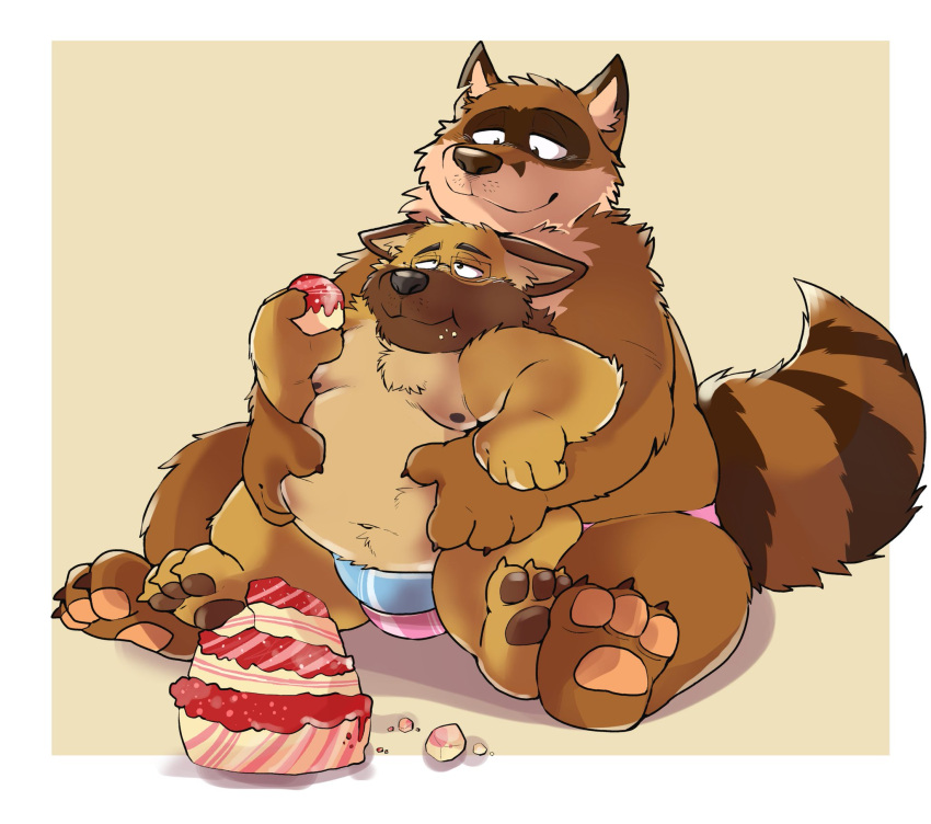 2021 anthro belly belly_grab black_nose brown_body brown_fur bulge cake canid canine canis clothing dessert domestic_dog duo eating food fur ginnosuke hi_res hug hugging_from_behind kemono male male/male mammal moobs nipples overweight overweight_male raccoon_dog simple_background sitting tanuki underwear