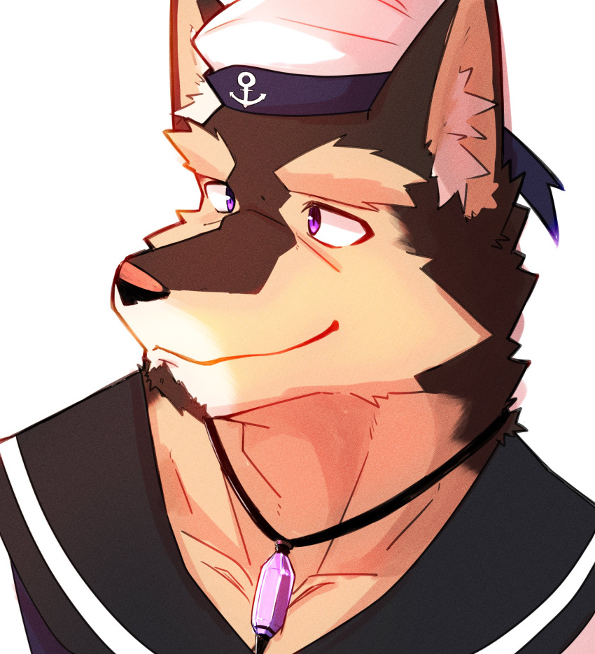 anthro bust_portrait canid canine canis domestic_dog fur hi_res jewelry krogane_kotetsu lifewonders live-a-hero male mammal multicolored_body multicolored_fur necklace portrait pubraseer purple_eyes sailor_hat sailor_uniform solo video_games