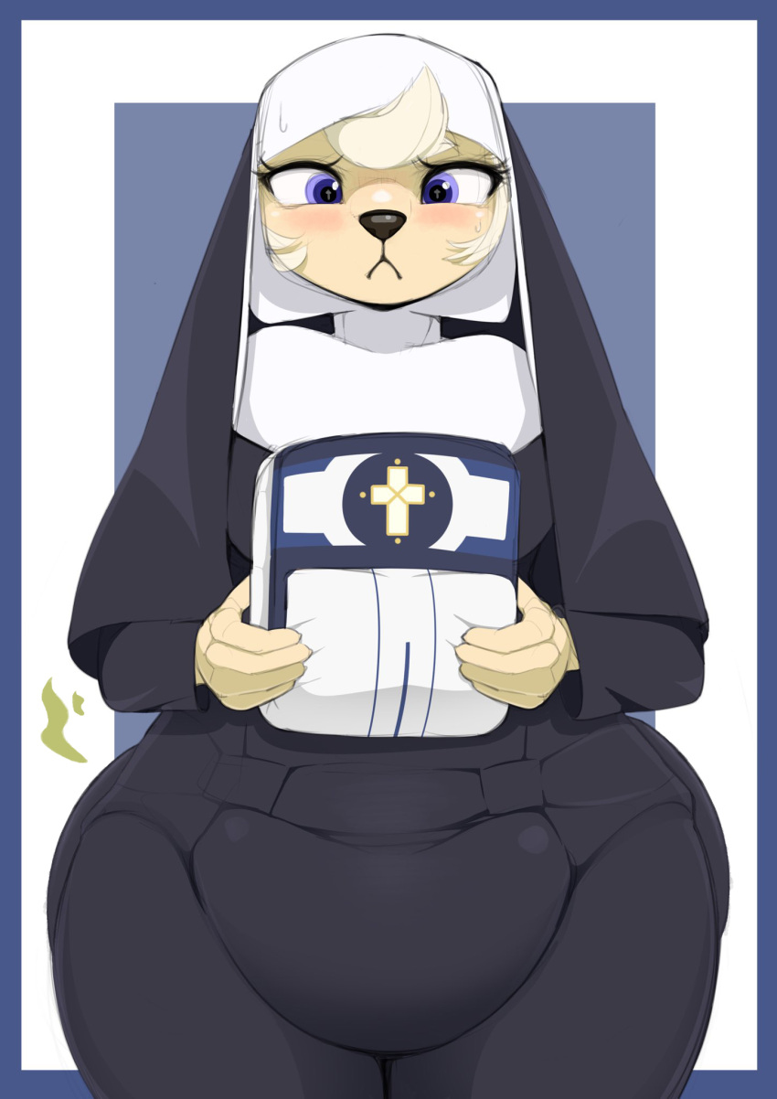 anthro big_butt blush butt canid canine canis crucifix diaper diaper_bulge domestic_dog feces female hi_res mammal messy_diaper nervous nun nyanyakotarou religion smelly soiling solo thick_thighs wide_hips