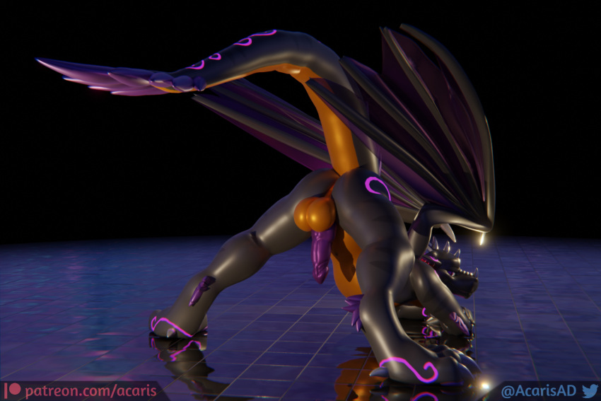 3:2 3d_(artwork) acaris_(artist) acaris_(character) animal_genitalia animal_penis anthro ass_up balls big_balls big_penis butt claws digital_media_(artwork) digitigrade dragon ear_piercing erection fur genitals gold_(metal) gold_jewelry jack-o'_pose jewelry looking_at_viewer looking_back male nude penis piercing pose presenting presenting_hindquarters presenting_penis purple_body purple_eyes purple_fur raised_tail scalie solo submissive wings