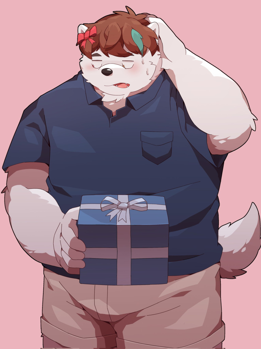 2021 anthro belly big_belly black_nose blush bottomwear canid canine canis clothing domestic_dog gift hi_res kemono male mammal overweight overweight_male park_kr shirt shorts simple_background solo topwear