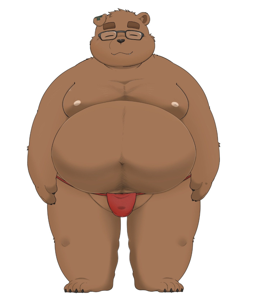2021 96panda anthro asian_clothing belly big_belly black_nose brown_body brown_fur clothing east_asian_clothing eyes_closed eyewear fundoshi fur glasses hi_res humanoid_hands japanese_clothing kemono male mammal moobs navel nipples overweight overweight_male red_clothing red_fundoshi red_underwear simple_background solo underwear ursid white_background