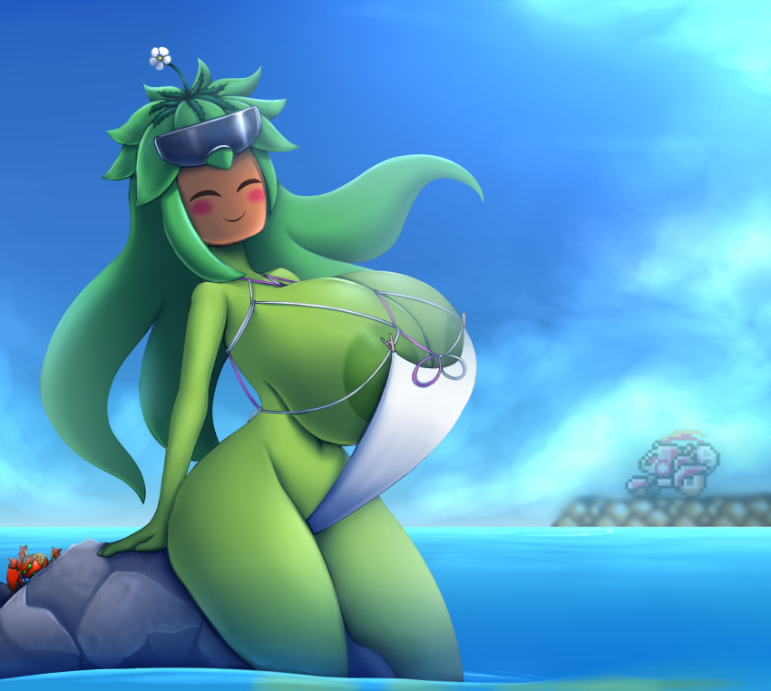 areola big_breasts blaster_master breasts clothing day detailed_background elemental_creature elemental_humanoid elfdrago female flora_fauna green_body hi_res huge_breasts humanoid kanna_(blaster_master) not_furry outside plant plant_humanoid sky swimwear video_games water