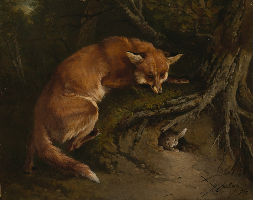 1857 19th_century ambiguous_gender ancient_furry_art brown_body brown_fur canid canine charles_verlat cheek_tuft dated detailed_background digitigrade dipstick_tail duo facial_tuft feral forest fox fur hole_(pit) lagomorph leporid long_ears mammal multicolored_body multicolored_fur multicolored_tail night nude orange_body orange_fur outside painting_(artwork) plant predator/prey proper_art public_domain quadruped rabbit red_fox roots signature stalking traditional_media_(artwork) tree tuft white_body white_fur