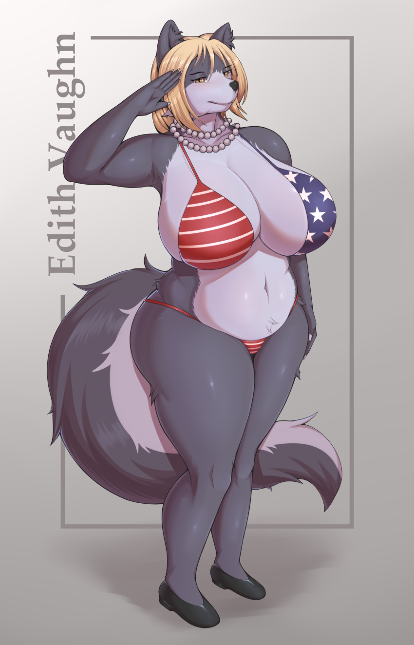 absurd_res anthro big_breasts bikini blonde_hair breasts canid canine canis clothed clothing edith_vaughn female fur hair harnny hi_res kemono mammal mature_female multicolored_body multicolored_fur solo stars_and_stripes swimwear two_tone_body two_tone_fur united_states_of_america wolf