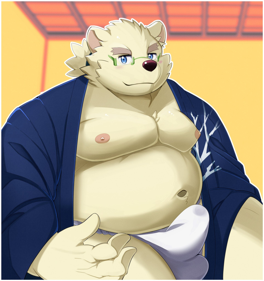 2021 anthro asian_clothing balls_outline belly big_belly blue_eyes bulge clothed clothing east_asian_clothing erection erection_under_clothing eyewear fundoshi genital_outline glasses hi_res humanoid_hands inside japanese_clothing kemono leib_(tas) male mammal moobs navel nipples overweight overweight_male penis_outline polar_bear sitting solo tinhotarou tokyo_afterschool_summoners underwear ursid ursine video_games white_clothing white_fundoshi white_underwear