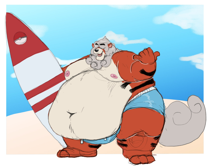 2021 anthro anthrofied beach belly big_belly canid canine captainjusticevirtsuoso clothing hi_res hisuian_growlithe male mammal moobs navel nintendo nipples obese obese_anthro obese_male outside overweight overweight_anthro overweight_male pok&eacute;mon pok&eacute;mon_(species) pokemon_legends_arceus seaside solo surfboard swimwear video_games