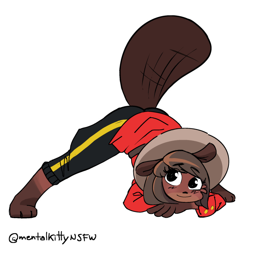 1:1 anthro ass_up beaver beaver_girl_(peargor) blush bottomwear clothed clothing coat crossed_arms female hat headgear headwear hi_res jack-o'_pose looking_at_viewer mammal mentalkitty pants police_uniform pose raised_tail rodent royal_canadian_mounted_police solo spread_legs spreading topwear uniform