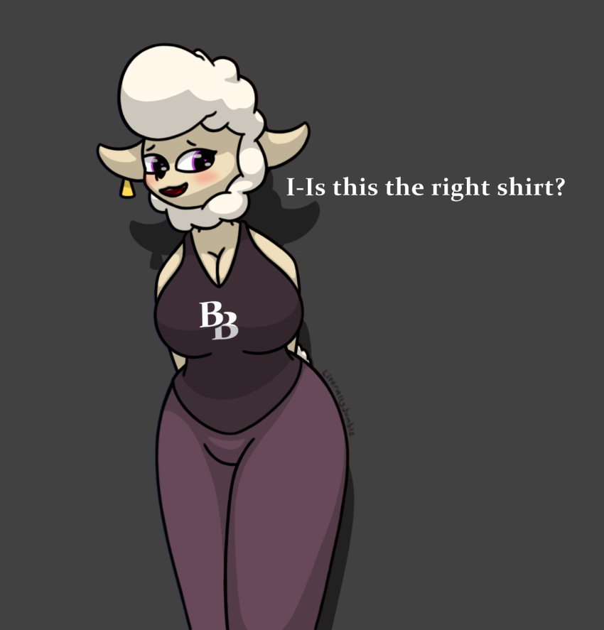 anthro beat_banger big_breasts blush bovid breasts caprine cleavage clothed clothing dawna_mabel digital_media_(artwork) ear_piercing embarrassed english_text female fluffy fluffy_tail hands_behind_back hi_res leaning leaning_forward literallyjumble logo looking_aside looking_away mammal neck_tuft piercing purple_eyes sheep shirt smile solo tank_top text thick_thighs topwear tuft watermark