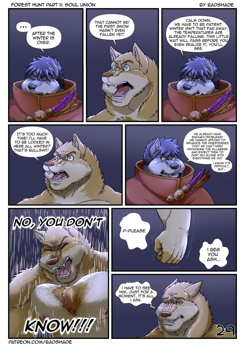 ! ... 5_fingers ? absurd_res anthro ashura_(shade) better_version_at_source biped blue_body blue_fur body_hair brown_body brown_fur canid canine canis chest_hair chest_tuft clothed clothing cobb_(shade) comic dialogue duo ear_piercing english_text eyebrows eyes_closed fangs fingers fist fur green_eyes hair hi_res male mammal motion_lines multicolored_body multicolored_fur muscular muscular_anthro muscular_arms muscular_male nipples open_mouth pecs piercing shade_the_wolf simple_background speech_bubble standing teeth text tongue topless topless_male tuft two_tone_body two_tone_fur url white_body white_fur wolf yellow_eyes