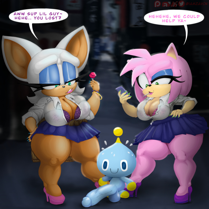 1:1 absurd_res amy_rose anthro balls big_breasts bottomwear bra breasts chao_(sonic) chiropteran clothing erection eulipotyphlan female genitals group hedgehog hi_res high_heels humanoid_genitalia humanoid_penis iamzavok male mammal penis rouge_the_bat sega size_difference skirt smaller_male sonic_the_hedgehog_(series) trio underwear