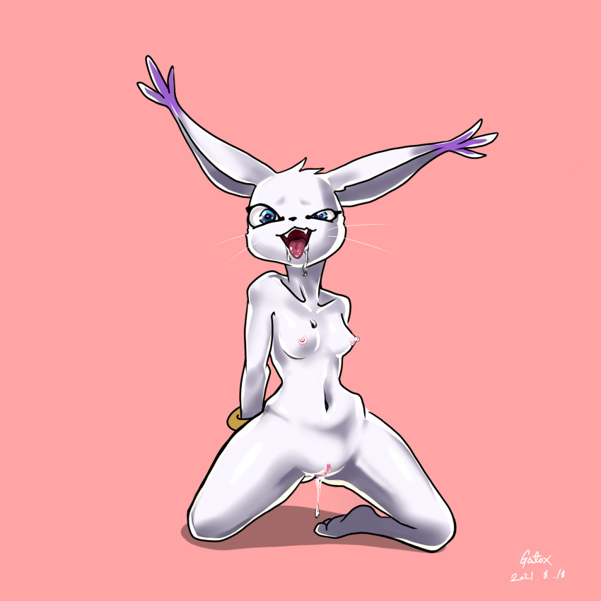 &lt;3 &lt;3_eyes 1:1 2021 ahegao anthro bandai_namco blue_eyes bodily_fluids breasts censored digimon digimon_(species) dripping drooling fangs female gatomon gatox_(artist) genital_fluids genitals hands_behind_back hi_res kneeling looking_at_viewer looking_pleasured mosaic_censorship navel nipples nude open_mouth pink_background pussy pussy_juice pussy_juice_drip saliva signature simple_background solo tongue tongue_out