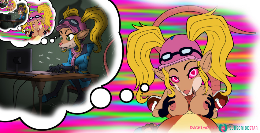 &lt;3 &lt;3_eyes 2021 activision anthro bandicoot blonde_hair breast_play breasts clothed clothed/nude clothing crash_bandicoot crash_bandicoot_(series) dachimotsu didelphid duo erection fellatio female genitals gloves hair handwear hat headgear headwear hi_res looking_at_viewer male male/female mammal marsupial mind_control nude oral oral_penetration pasadena_o'possum penetration penile penis pigtails sex thought_bubble titfuck tongue typing video_games