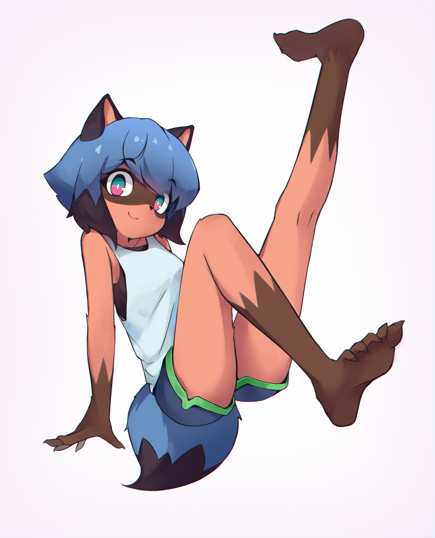 2021 5_toes absurd_res anthro barefoot blue_hair brand_new_animal canid canine claws clothed clothing digital_media_(artwork) feet female flong foot_sole fur hair hi_res looking_at_viewer mammal michiru_kagemori pointy_toes raccoon_dog shaded simple_background smile smiling_at_viewer solo studio_trigger tanuki toes