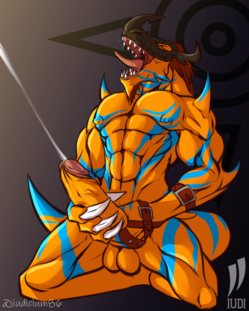 4:5 abs anthro balls bandai_namco digimon digimon_(species) dinosaur ejaculation erection eyes_closed foreskin genitals geogreymon hi_res iudicium86 kneeling male muscular nipples nude orgasm pecs penis reptile roaring scalie solo tongue uncut