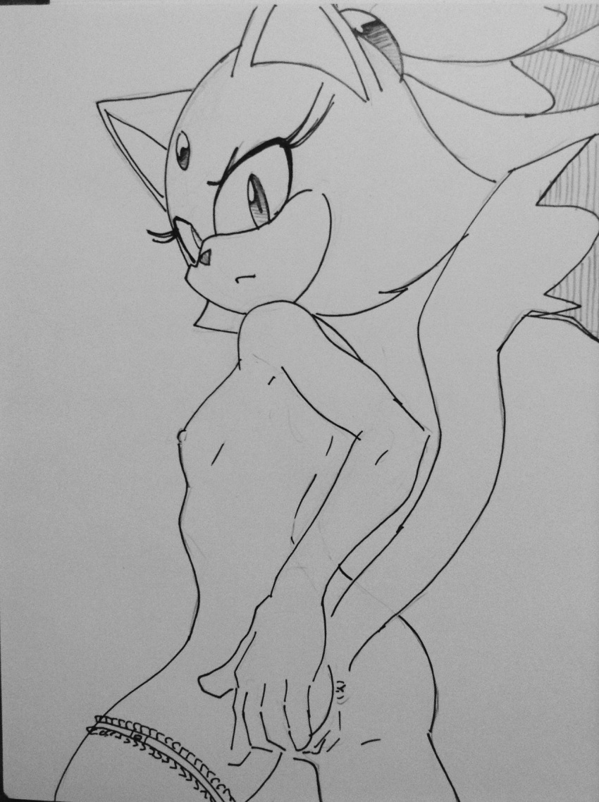 accessory anthro blaze_the_cat breasts domestic_cat eyelashes felid feline felis female genitals hair_accessory hi_res looking_at_viewer mammal monochrome pussy randomguy999 sega simple_background small_breasts solo sonic_the_hedgehog_(series)
