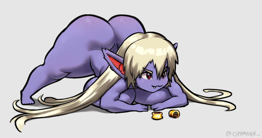 big_breasts big_butt blonde_hair breasts butt digital_media_(artwork) female full-length_portrait hair huge_breasts huge_butt humanoid jack-o'_pose league_of_legends oppmann poppy_(lol) portrait pose purple_body purple_skin red_eyes riot_games shaded short_stack slightly_chubby solo thick_thighs video_games yordle