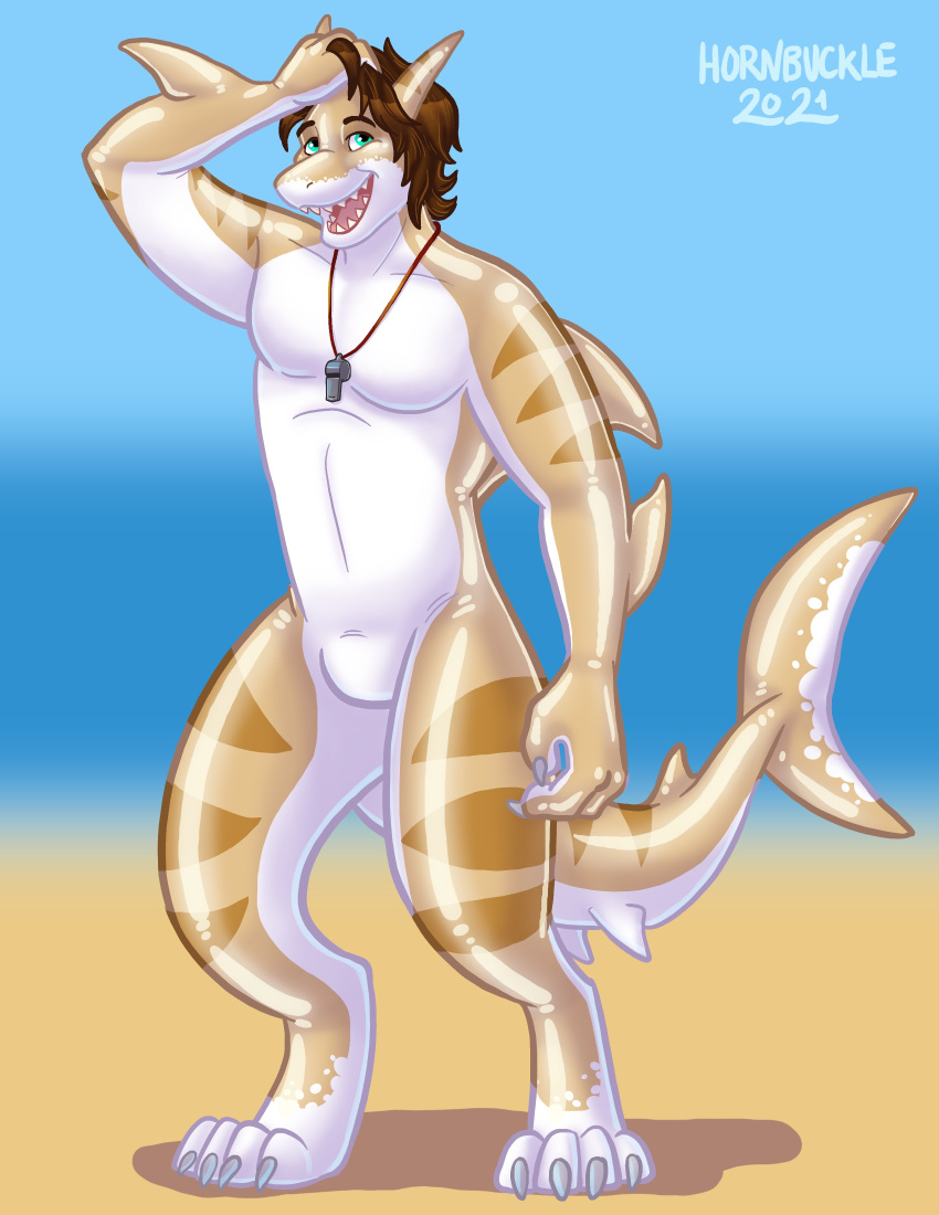 2021 4_toes absurd_res after_transformation anthro athletic big_feet biped bulge claws digital_drawing_(artwork) digital_media_(artwork) digitigrade feet fingers fish glistening hair happy hi_res hornbuckle kaikotheshark looking_at_viewer male mammal marine nude null_bulge open_mouth paws rubber seaside shark shark_tail simple_background smile snout solo species_transformation teeth toes transformation