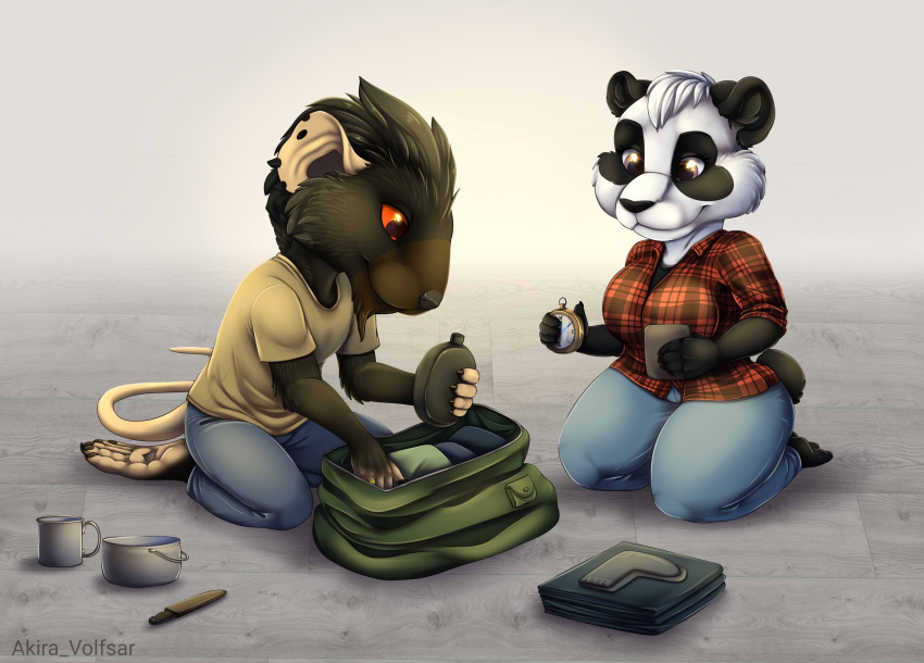 2020 5_toes akira_volfsar anthro barefoot black_body black_fur black_hair black_nose black_pawpads breasts brown_eyes claws clothed clothing digital_media_(artwork) duo feet female fingers fur giant_panda hair hi_res male mammal murid murine pawpads plantigrade rat red_eyes rodent smile soles toes ursid white_body white_fur