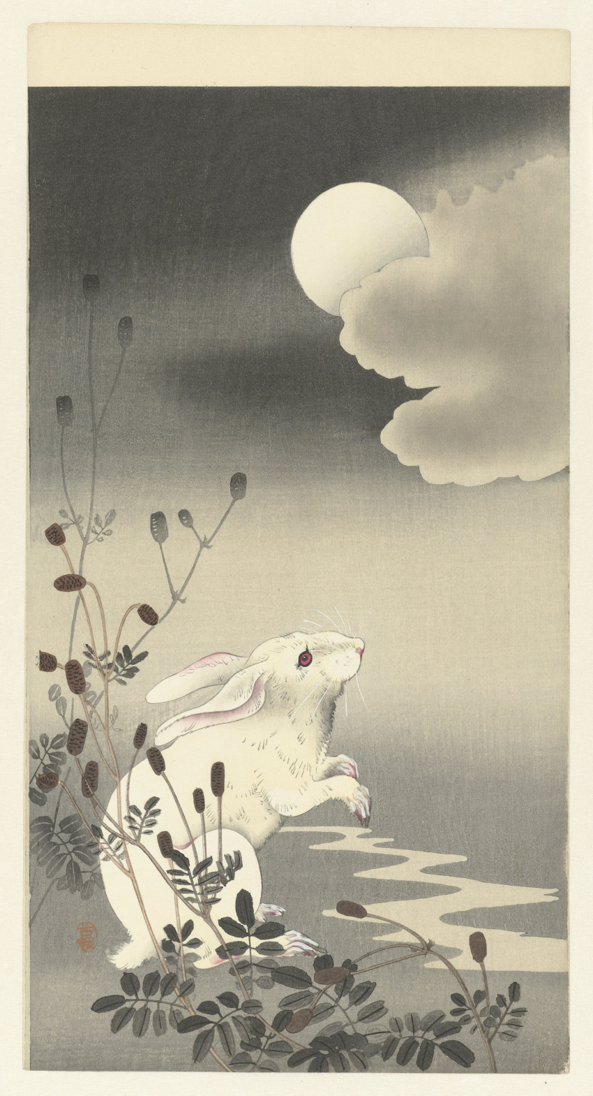20th_century absurd_res ambiguous_gender ancient_furry_art cloud english_text feral full_moon fur hi_res lagomorph leporid long_ears mammal moon night nude ohara_koson outside plant public_domain quadruped rabbit red_eyes sky solo text traditional_media_(artwork) water whiskers white_body white_fur woodcut