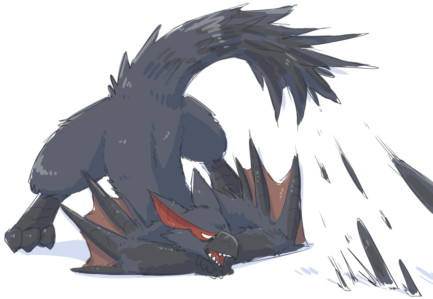 3_toes absurd_res ambiguous_gender ass_up beak capcom claws dragon feet feral flying_wyvern front_view fur furred_dragon grey_body grey_fur hi_res jack-o'_pose mizu_(pixiv) monster_hunter motion_lines nargacuga open_mouth pose quadruped raised_tail red_body red_fur shaded sharp_teeth simple_background solo spiked_tail spikes spikes_(anatomy) spread_legs spreading teeth toe_claws toes video_games white_background wyvern