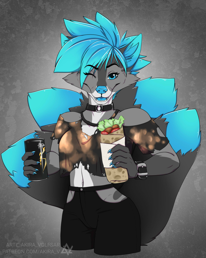 2020 4:5 absurd_res akira_volfsar anthro blue_eyes blue_hair blue_nose blue_tongue breasts canid canine clothed clothing colalr digital_media_(artwork) eyebrows eyelashes female fox fur grey_body grey_fur hair hi_res mammal midriff multi_tail navel smile solo tongue