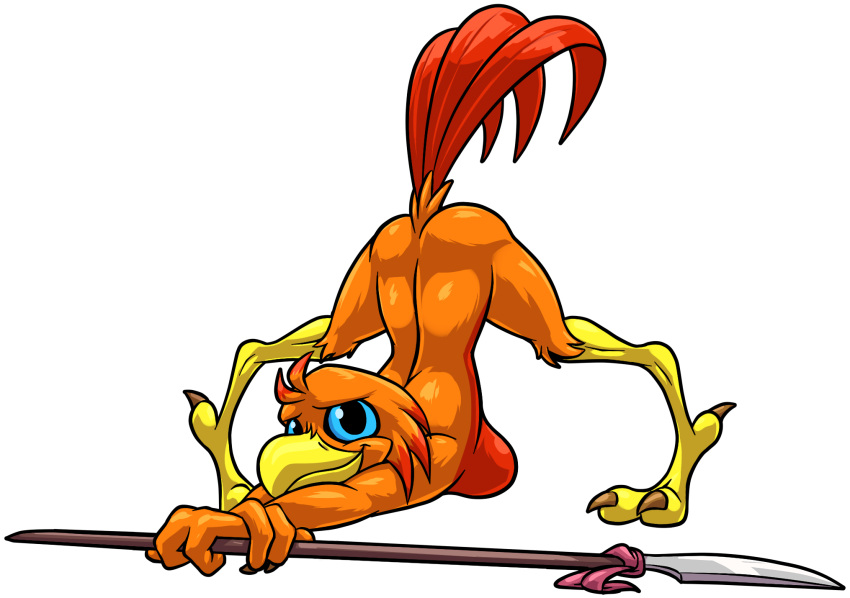 2021 3_fingers 3_toes all_fours alpha_channel amara_(windborn) anthro ass_up avian bassybefuddle beak bird bird_feet black_pupils blue_eyes breasts brown_claws claws crossed_arms feathers feet female finger_claws fingers front_view hi_res holding_object holding_spear holding_weapon jack-o'_pose looking_at_viewer medium_breasts melee_weapon nude polearm pose pupils red_body red_feathers simple_background smile solo spear spread_legs spreading tail_feathers talons toe_claws toes transparent_background weapon windborn yellow_beak yellow_body