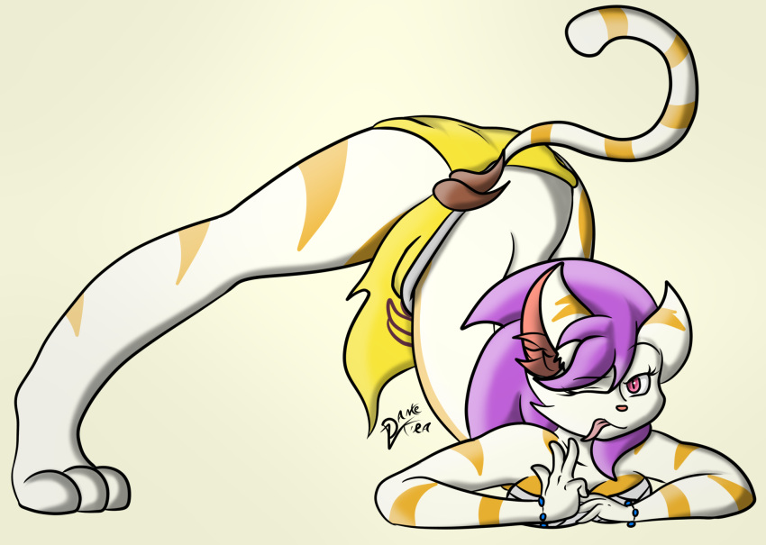 anthro ass_up butt clothed clothing dantez domestic_cat felid feline felis female hair hi_res jack-o'_pose looking_at_viewer mammal pose purple_hair simple_background solo spread_legs spreading zappurah