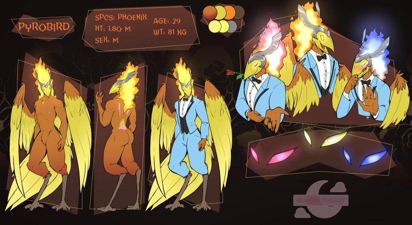 absurd_res anthro avian beak bird blue_fire butt clothed clothing colored_fire european_mythology feathered_wings feathers fire flower greek_mythology hi_res jinxdakibbie looking_at_viewer male model_sheet mythological_avian mythological_firebird mythology phoenix plant pyrobird rose_(flower) solo suit wings