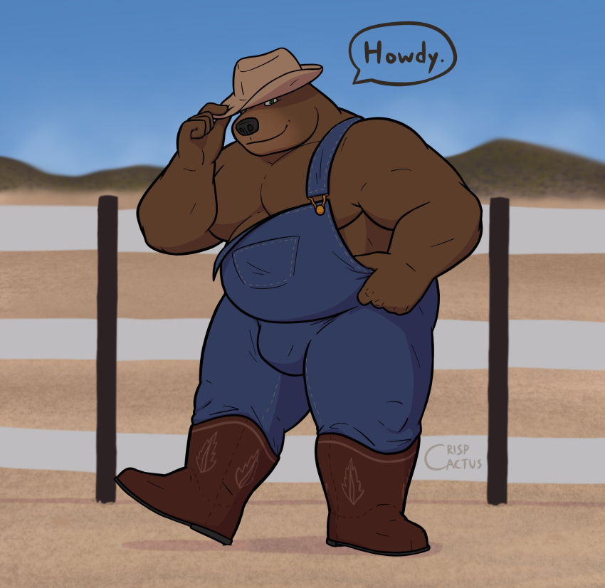 2021 anthro boots brown_body bulge clothing cowboy cowboy_boots cowboy_hat crispcactus detailed_background footwear hat headgear headwear hi_res humanoid_hands male mammal musclegut outside overalls overweight overweight_male solo text ursid