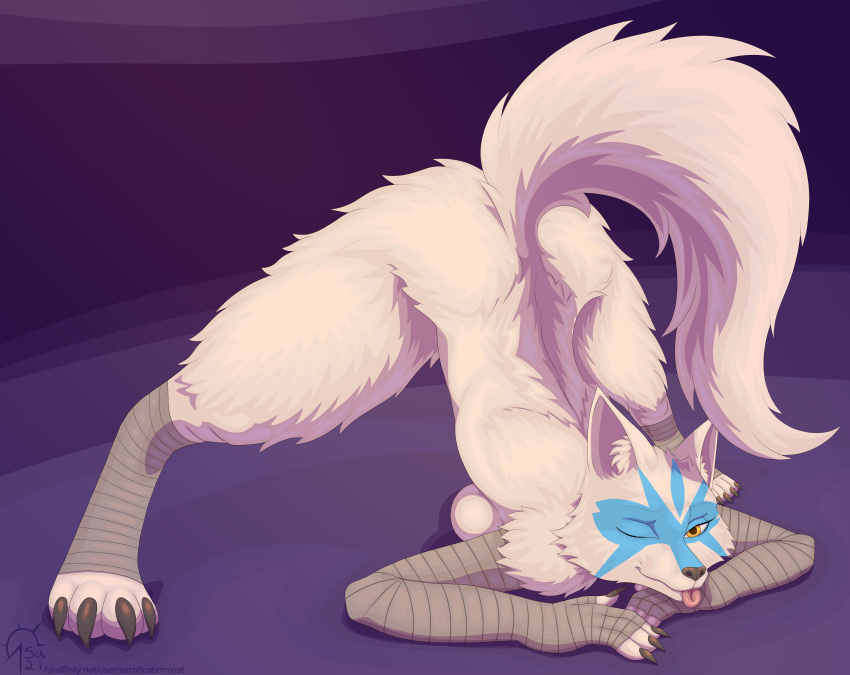 2021 4_fingers 4_toes absurd_res alopex anthro arctic_fox arm_wraps ass_up bent_over black_nose blep blue_markings breasts butt canid canine claws digital_media_(artwork) digitigrade facial_markings feet female finger_claws fingers fluffy fluffy_tail foot_wraps fox fur head_markings hi_res hindpaw humanoid_hands jack-o'_pose looking_at_viewer mammal markings mask_(marking) mostly_nude nude one_eye_closed paws pose raised_tail sacrificabominat signature solo spread_legs spreading teenage_mutant_ninja_turtles text toe_claws toes tongue tongue_out url white_body white_fur wraps yellow_eyes