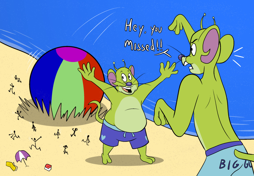 alien anthro ball beach beach_ball beach_chair beach_umbrella bottomwear clothing darkajugin duo fur green_body green_fur hi_res inflatable macro male mammal martian martian_mice_(tom_and_jerry) metro-goldwyn-mayer mouse multicolored_body multicolored_fur murid murine purple_nose rodent seaside shorts tom_and_jerry topless_male two_tone_body two_tone_fur water