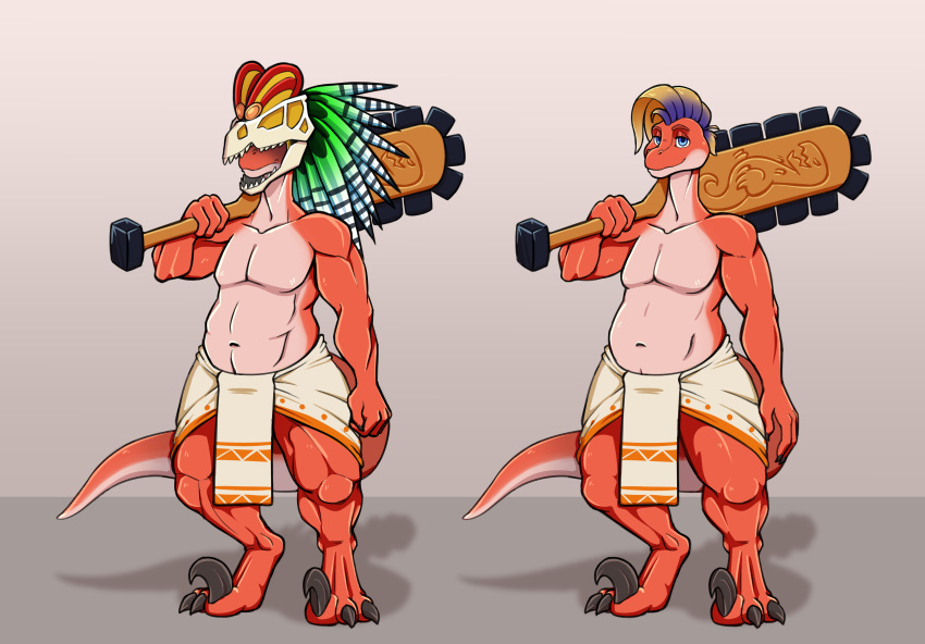 absurd_res anthro armor barazoku blue_eyes bottomwear claws clothing digitalkaiju dinosaur dinozon_fury headgear helmet hi_res loincloth macuahuitl male muscular muscular_male patrick_highclaw reptile scalie solo theropod toe_claws troodon troodontid weapon