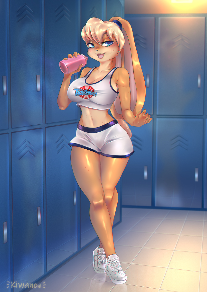 anthro basketball basketball_uniform bedroom_eyes belly big_breasts blonde_hair blue_eyes bodily_fluids bottle bottled_water breasts cleavage clothed clothing english_text female fluffy fluffy_tail fur hair hi_res kiwanoni lagomorph leporid locker locker_room lola_bunny long_ears looney_tunes mammal narrowed_eyes navel open_mouth rabbit seductive shirt smile solo space_jam sport sportswear sweat sweatdrop tank_top teeth text text_on_clothing text_on_shirt text_on_tank_top text_on_topwear tongue topwear uniform warner_brothers wet white_body white_fur