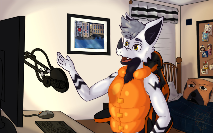 absurd_res anthro bed bedding bedroom black_body black_fur chair cheek_tuft computer_screen draik facial_tuft fur furniture hi_res inside life_jacket light male maverick_(betaetadelota) painting pillow shadow sitting solo tuft unknown_species white_body white_fur yellow_eyes