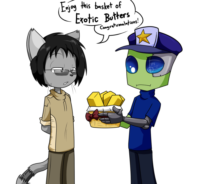2018 alien alien_humanoid anthro black_hair blue_eyes blue_sclera butter chad_(gpleader) clothing cybernetics cyborg dairy_products dialogue digital_media_(artwork) domestic_cat duo english_text exotic_butters eyewear felid feline felis fingers five_nights_at_freddy's food fur glasses green_body green_skin grey_body grey_fur hair hat headgear headwear humanoid invader_zim irken machine male mammal mechanical_arm nickelodeon prosthetic prosthetic_arm prosthetic_limb sandwich-anomaly simple_background simple_eyes sister_location sunglasses teeth text van_(sandwich-anomaly) video_games whiskers white_background