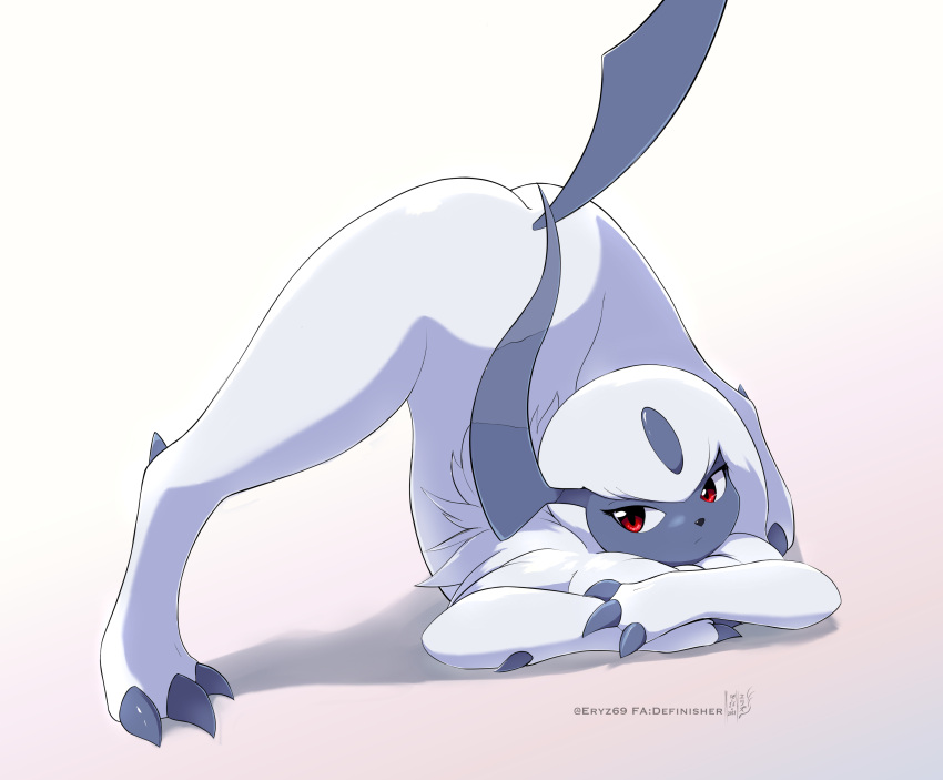 2021 3_fingers 3_toes absol absurd_res ambiguous_gender ass_up butt claws eryz feet feral finger_claws fingers fur grey_body hair hi_res jack-o'_pose looking_at_viewer neck_tuft nintendo nude pok&eacute;mon pok&eacute;mon_(species) pose red_eyes simple_background solo spread_legs spreading toe_claws toes tuft video_games watermark white_background white_body white_fur white_hair