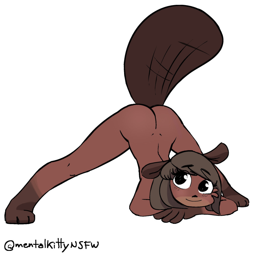 1:1 anthro arched_back ass_up bare_back beaver beaver_girl_(peargor) bent_over blush brown_body brown_fur crossed_arms cute_face ears_back ears_down ears_up female fur head_down hi_res jack-o'_pose looking_at_viewer looking_up mammal meme mentalkitty nude on_ground pivoted_ears pose rodent seductive smile smiling_at_viewer solo spread_legs spreading