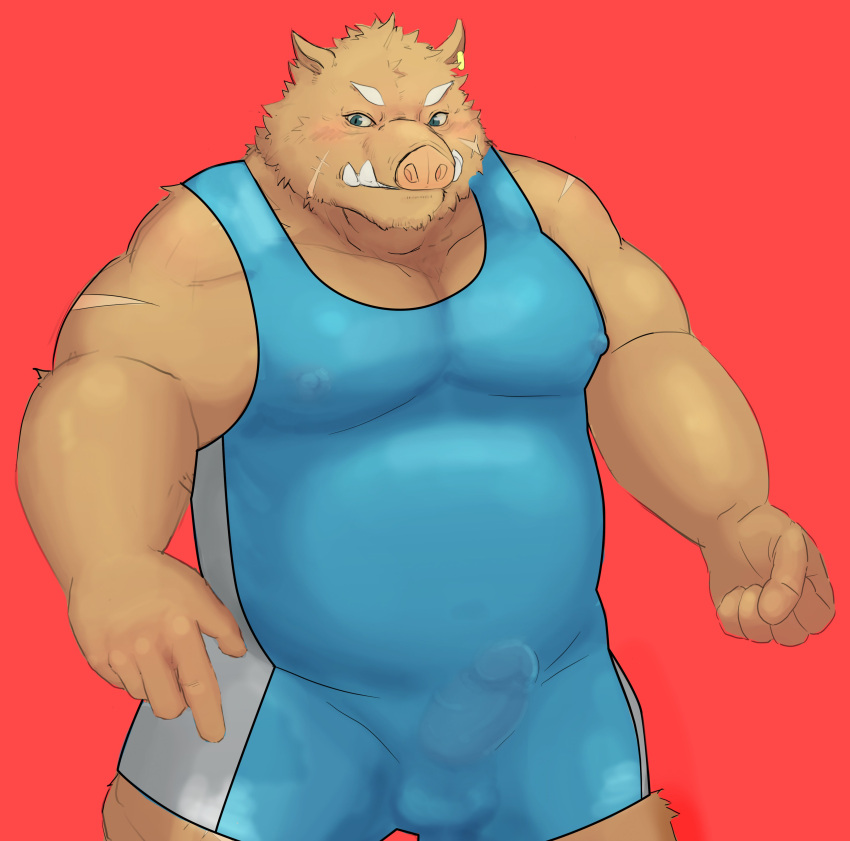 2021 absurd_res anthro balls_outline belly blush brown_body bulge clothed clothing erection erection_under_clothing genital_outline hi_res humanoid_hands kemono maguro male mammal moobs overweight overweight_male penis_outline red_background simple_background solo suid suina sus_(pig) wild_boar wrestling_singlet